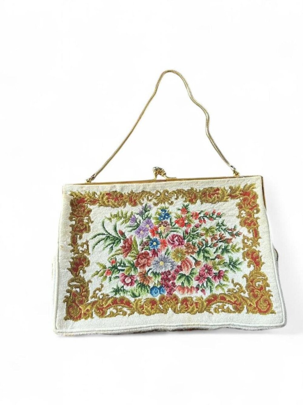 Vintage y2k 90s 80s Floral tapestry purse with gold trim and clasp